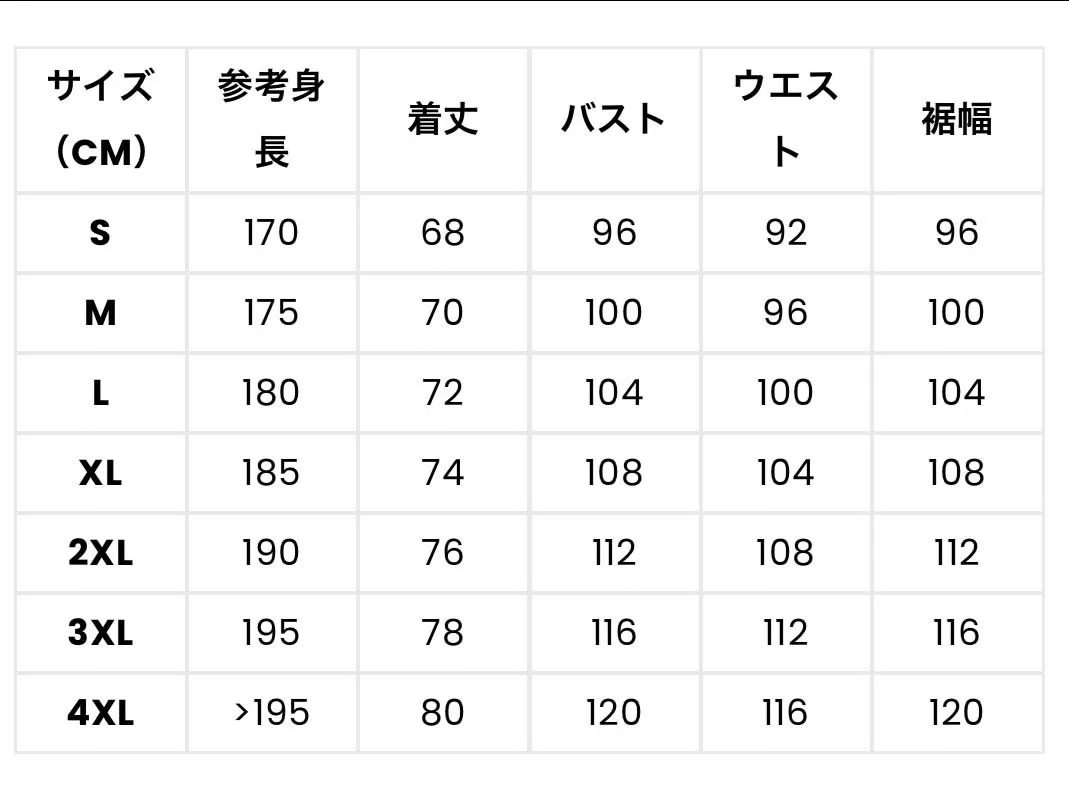 成人シャツサイズ表